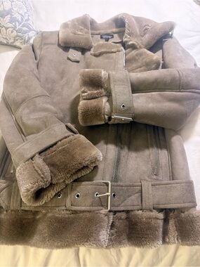 Topshop Taupe Faux Shearling Moto Jacket